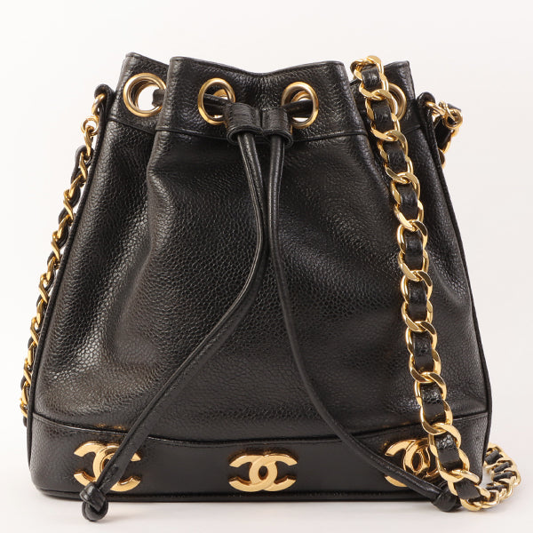 Chanel Around 1995 Made Caviar Skin 6 Cc Mark Plate Drawstring Shoulder Bag Mini Black