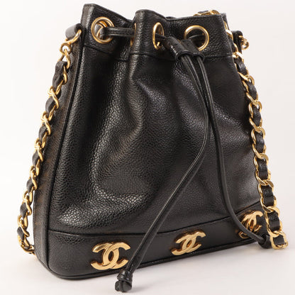 Chanel Around 1995 Made Caviar Skin 6 Cc Mark Plate Drawstring Shoulder Bag Mini Black