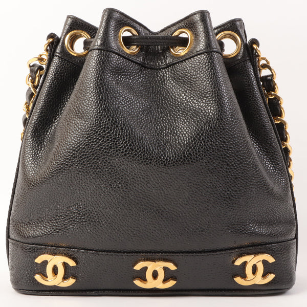 Chanel Around 1995 Made Caviar Skin 6 Cc Mark Plate Drawstring Shoulder Bag Mini Black