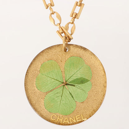 CHANEL Clover Round Logo Plate Necklace Green