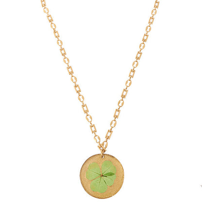 CHANEL Clover Round Logo Plate Necklace Green