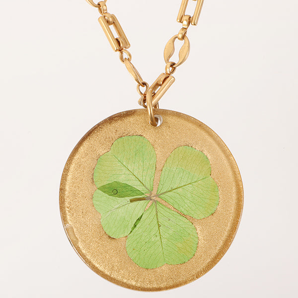 CHANEL Clover Round Logo Plate Necklace Green