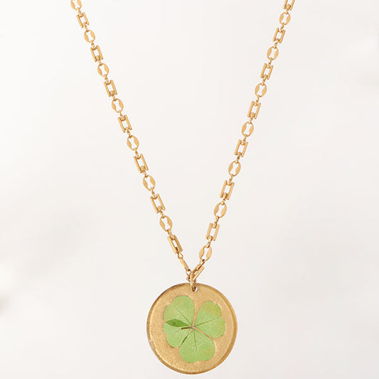 CHANEL Clover Round Logo Plate Necklace Green