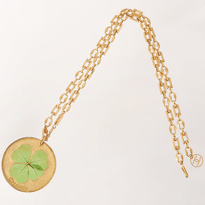 CHANEL Clover Round Logo Plate Necklace Green