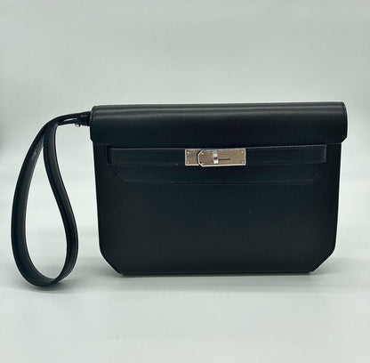 Hermes Kelly Depeches 25 Noir Veau Evergrain Clutch Palladium Hardware