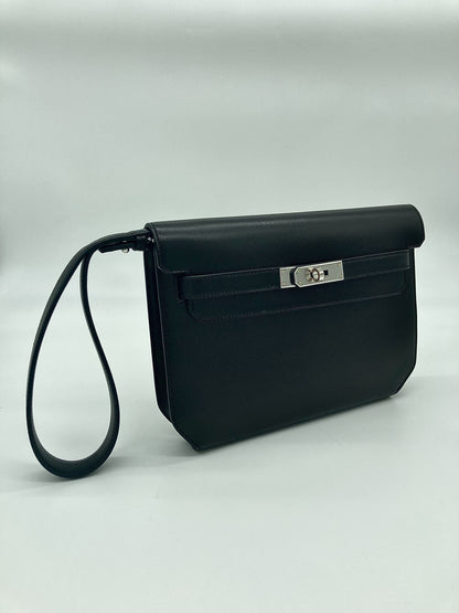 Hermes Kelly Depeches 25 Noir Veau Evergrain Clutch Palladium Hardware