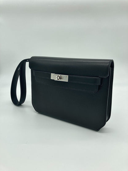 Hermes Kelly Depeches 25 Noir Veau Evergrain Clutch Palladium Hardware