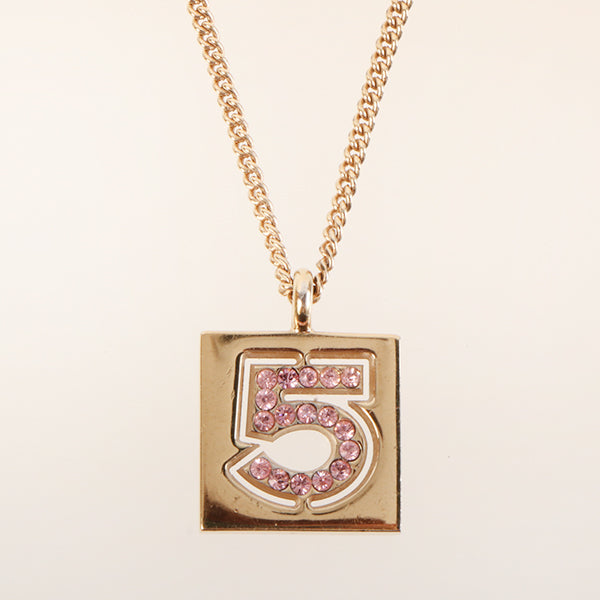 CHANEL 2002 Made Rhinestone No.5 Square Necklace Pink