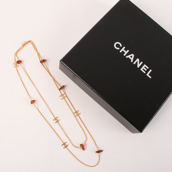 CHANEL 1997 Made Stone Cc Mark Pate Long Necklace Brown