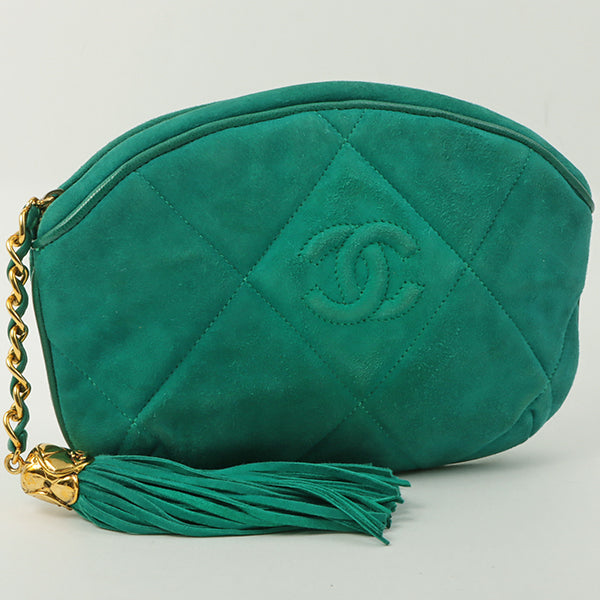 Chanel Around 1990 Suede Fringe Cc Mark Stitch Pouch Emerald Green