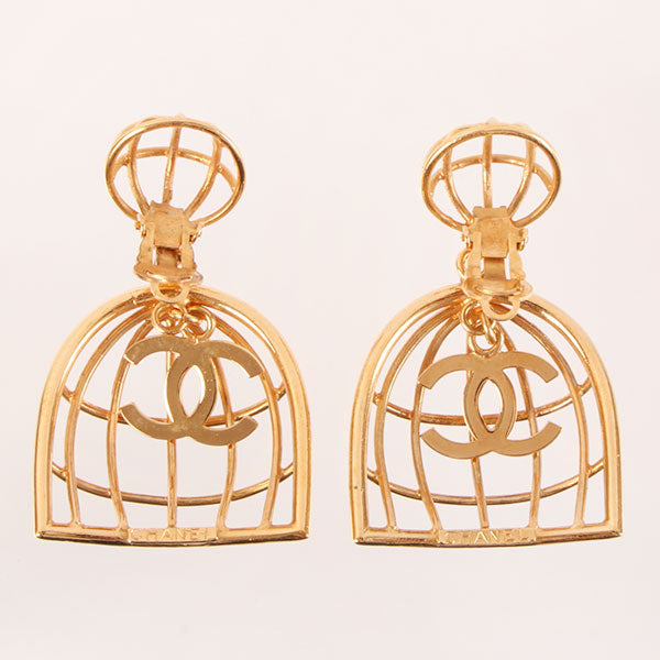 CHANEL 1993 Made Bird Cage Cc Mark Swing Earrings