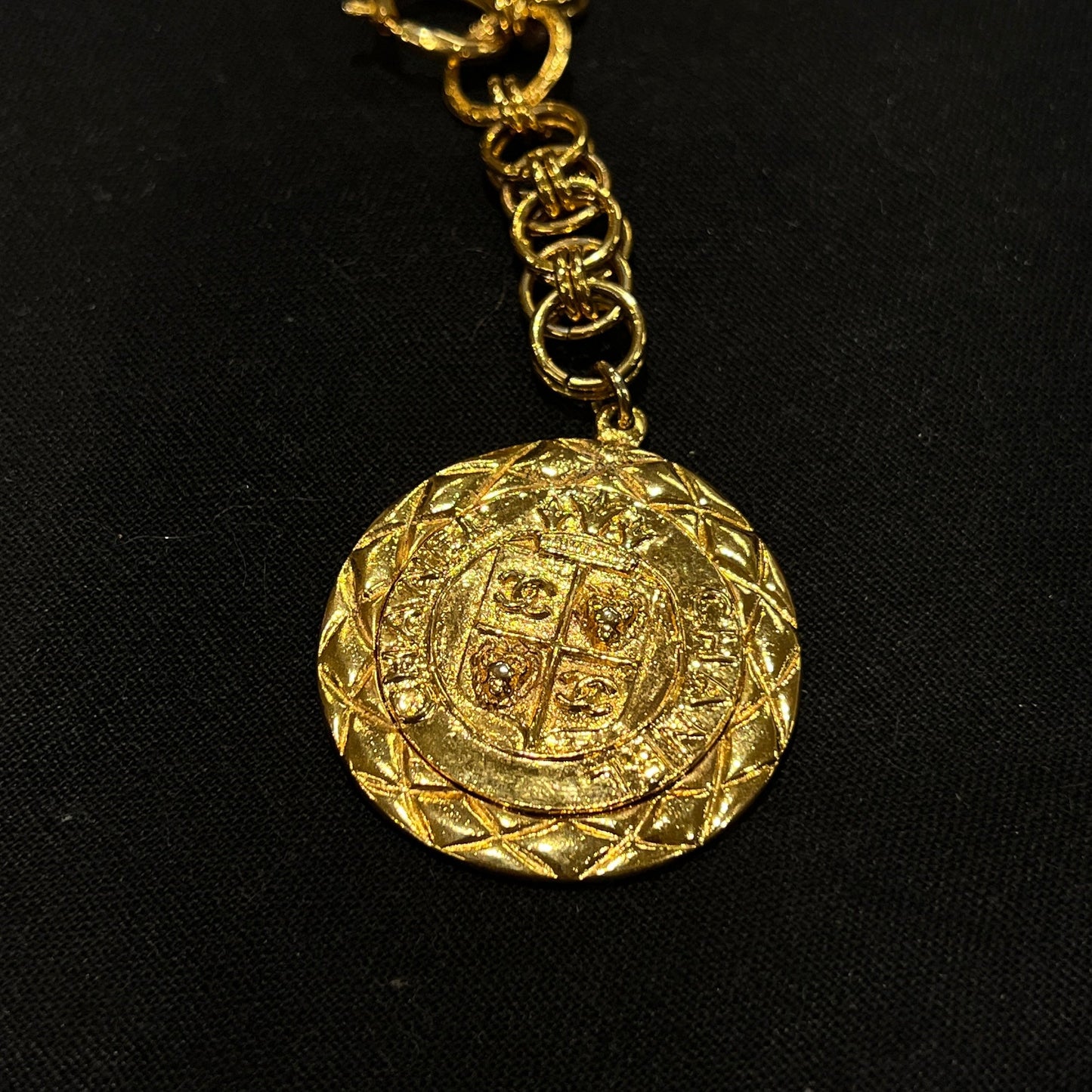 Chanel Coco mark Lion Metrasse Coin Medallion Long chain Necklace Year 1980S