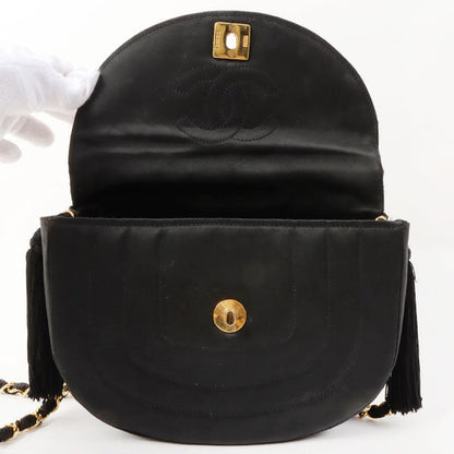 Chanel Silk Satin Round Flap Turn-Lock Fringe Chain Bag Black