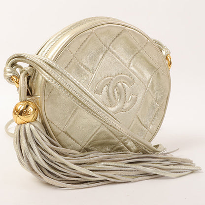 CHANEL Around 1990 Made Round Cc Mark Stitch Fringe Shouder Bag Gold