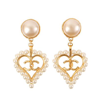 CHANEL 1993 Made Pearl Heart Cc Mark Cutout Swing Earrings