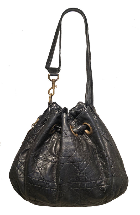 Christian Dior Black Leather Cannage Drawstring Shoulder Bag