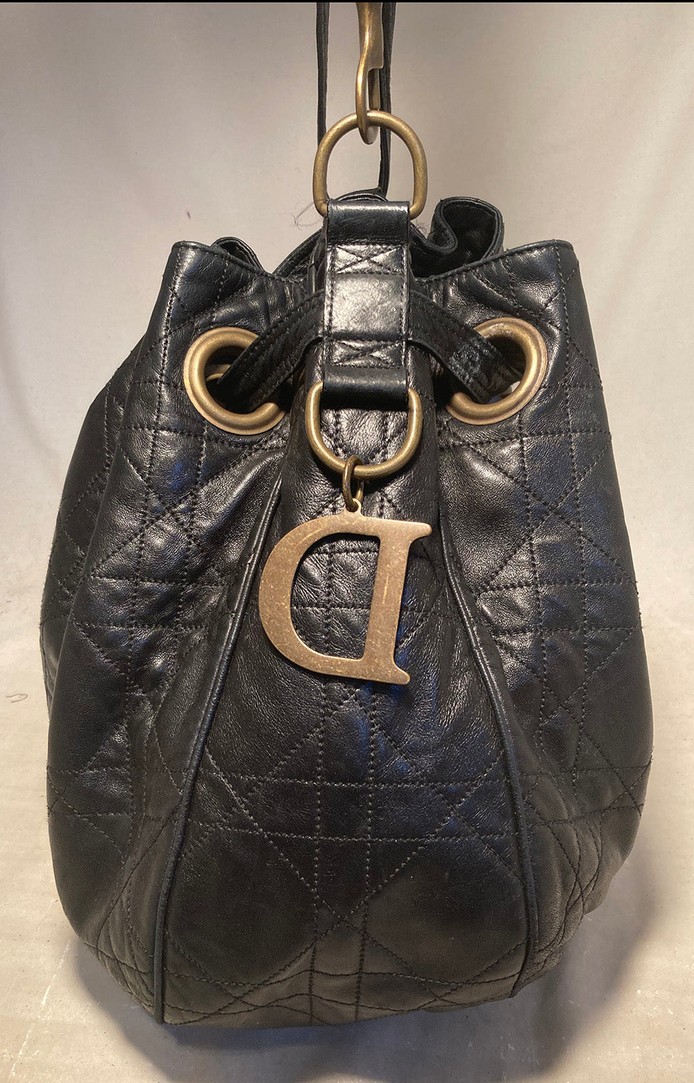 Christian Dior Black Leather Cannage Drawstring Shoulder Bag