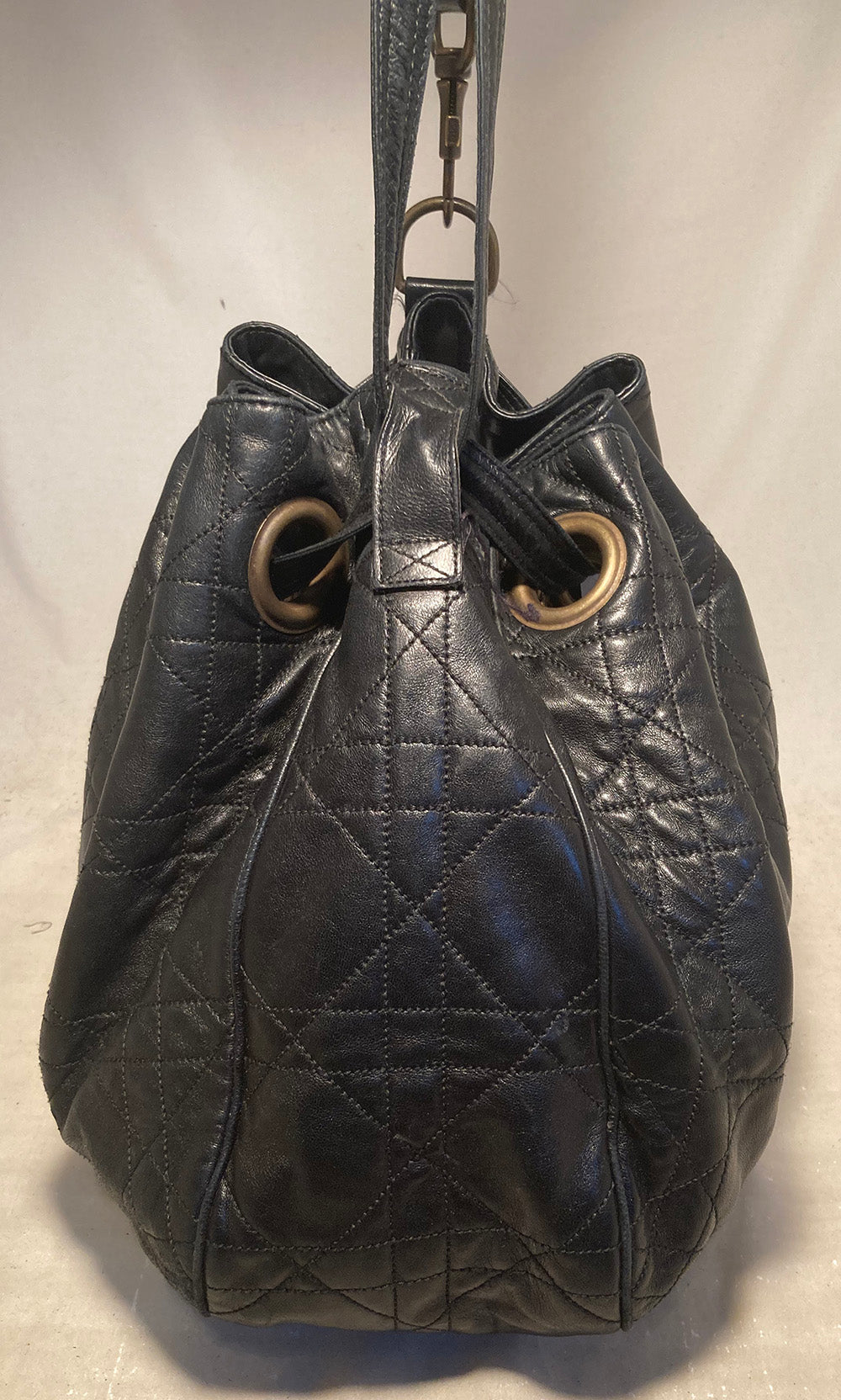 Christian Dior Black Leather Cannage Drawstring Shoulder Bag