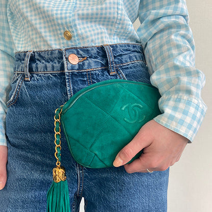 Chanel Around 1990 Suede Fringe Cc Mark Stitch Pouch Emerald Green