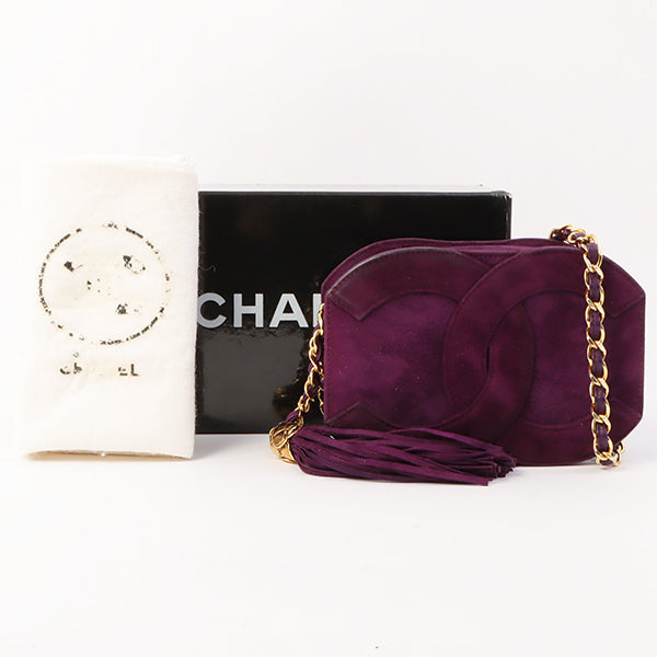 Chanel Around 1990 Made Suede Big Cc Mark Stitch Fringe Chain Bag Purple