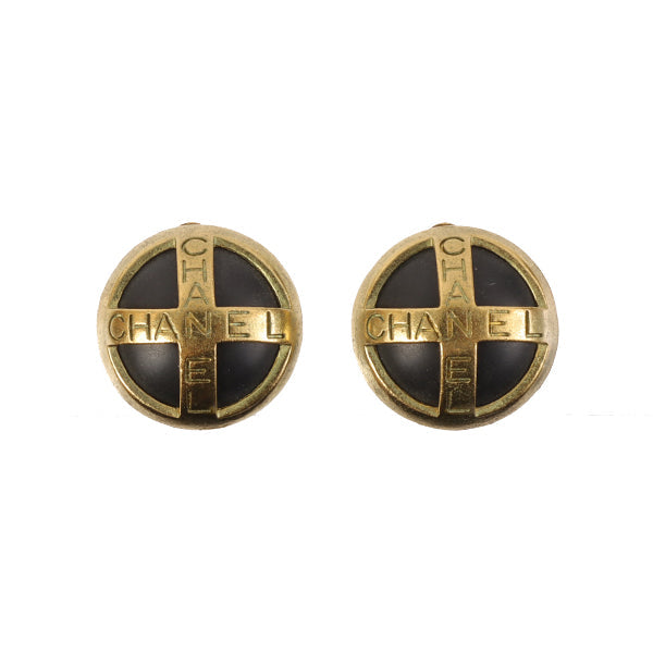 CHANEL 1994 Made Round Logo Earrings Black