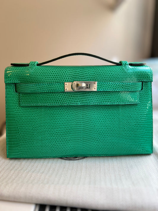 Hermes Kelly Pochette Menthe Lizard Palladium Hardware