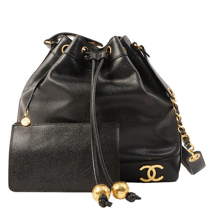 Chanel Around 1995 Made Caviar Skin 6 Cc Mark Plate Drawstring Shoulder Bag Black