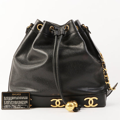 Chanel Around 1995 Made Caviar Skin 6 Cc Mark Plate Drawstring Shoulder Bag Black