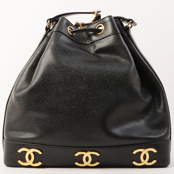 Chanel Around 1995 Made Caviar Skin 6 Cc Mark Plate Drawstring Shoulder Bag Black