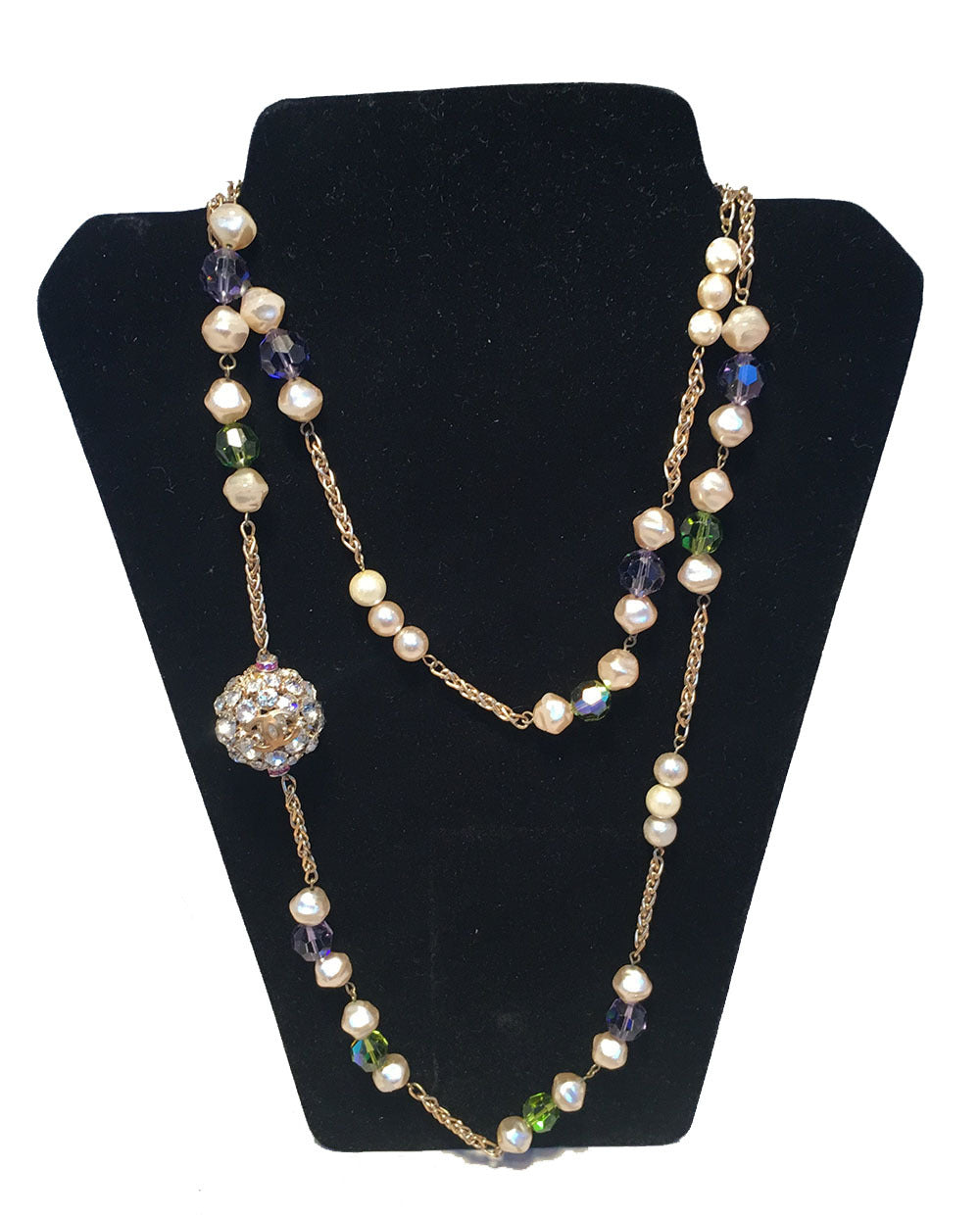 Chanel Vintage Pearl and Green and Purple Beaded Necklace with Crystal Ball