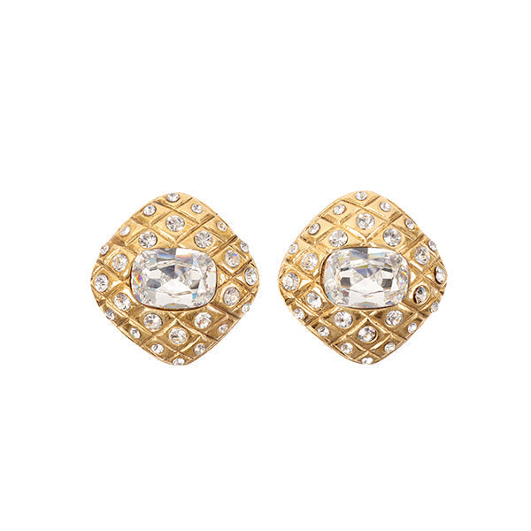 CHANEL 1988 Made Diamond Matelasse Stitch Rhinestone Earrings