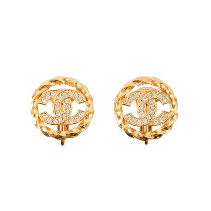 CHANEL Rhinestone Round Cutout Cc Mark Earrings