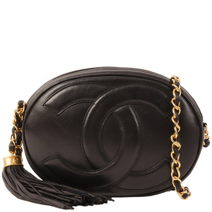 CHANEL Around 1990 Made Big Cc Mark Stitch Fringe Mini Chain Bag Black