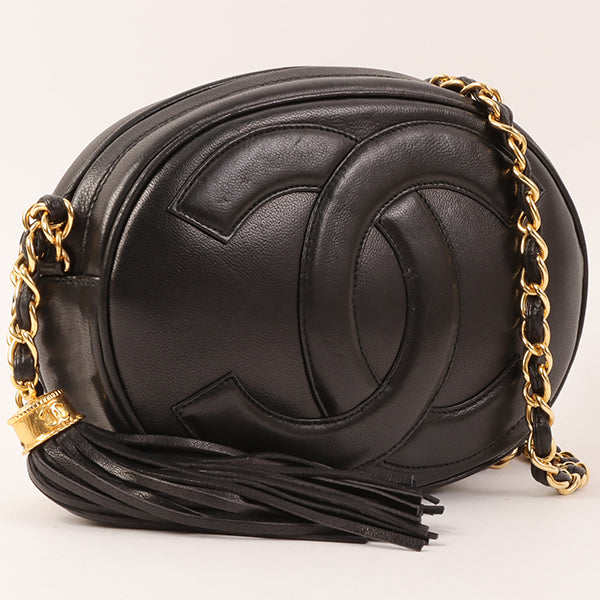 CHANEL Around 1990 Made Big Cc Mark Stitch Fringe Mini Chain Bag Black