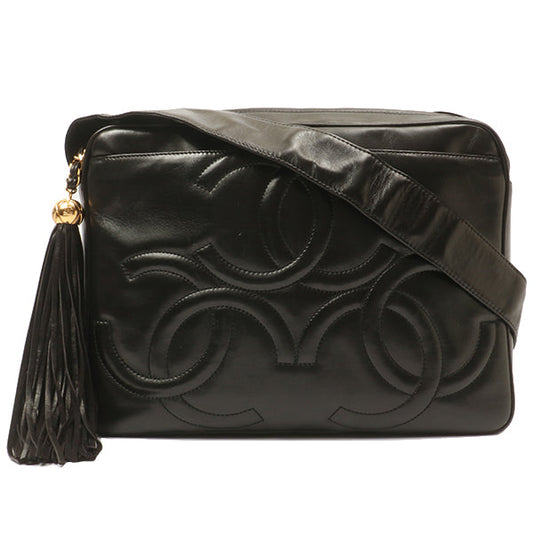 Chanel Around 1995 Made 3 Cc Mark Stitch Fringe Shoulder Bag Black