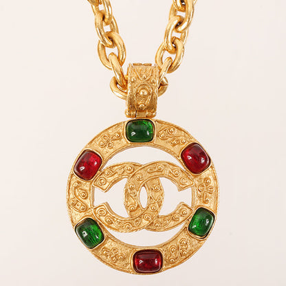 CHANEL Made Gripoix Round Cutout Cc Mark Necklace Green/Red