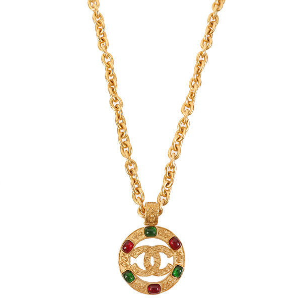 CHANEL Made Gripoix Round Cutout Cc Mark Necklace Green/Red