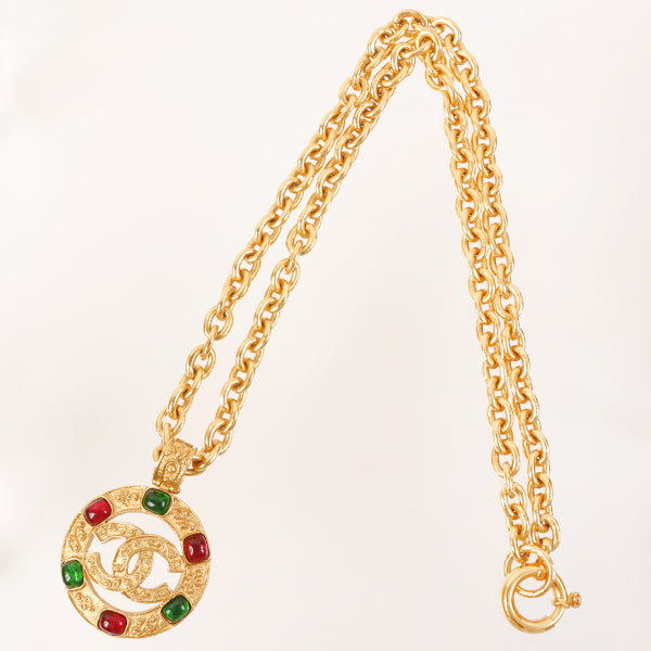 CHANEL Made Gripoix Round Cutout Cc Mark Necklace Green/Red