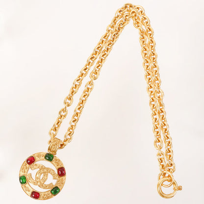 CHANEL Made Gripoix Round Cutout Cc Mark Necklace Green/Red