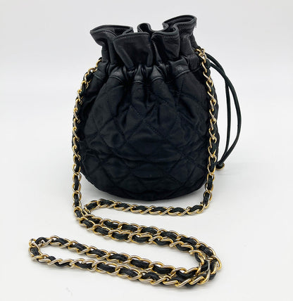 Chanel Vintage Black Satin & Leather Drawstring Bucket Bag