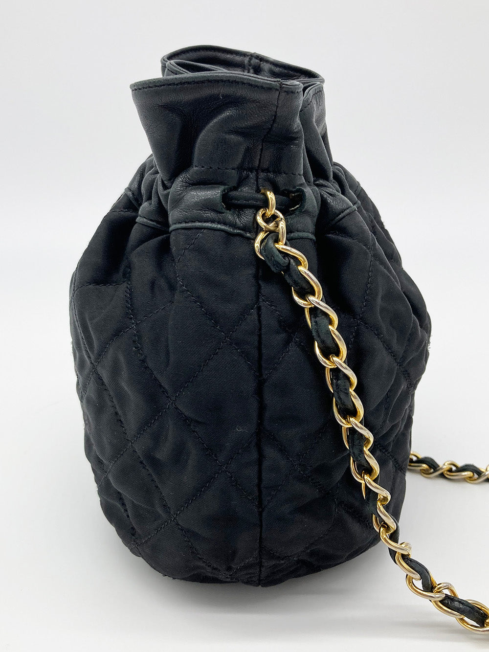 Chanel Vintage Black Satin & Leather Drawstring Bucket Bag