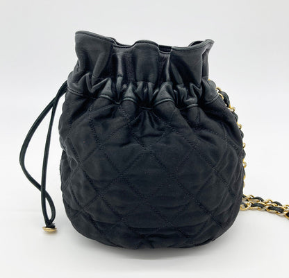 Chanel Vintage Black Satin & Leather Drawstring Bucket Bag