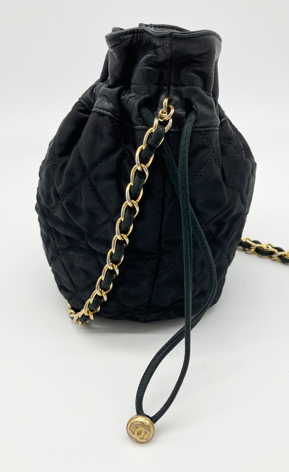 Chanel Vintage Black Satin & Leather Drawstring Bucket Bag