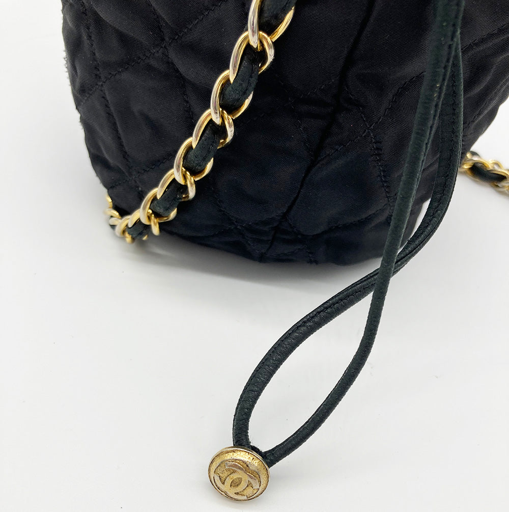 Chanel Vintage Black Satin & Leather Drawstring Bucket Bag