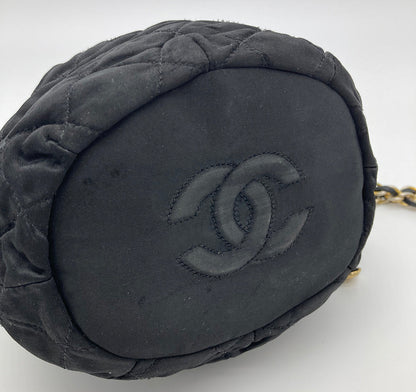 Chanel Vintage Black Satin & Leather Drawstring Bucket Bag