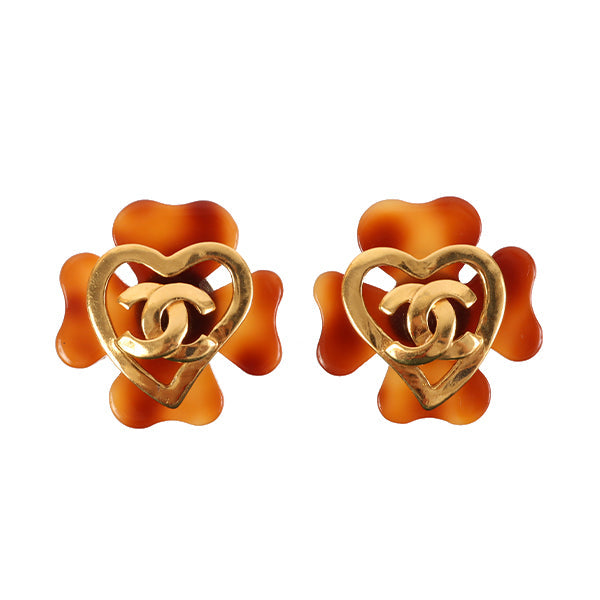 CHANEL 1995 Made Tortoiseshell Clover Motif Heart Cc Mark Earrings Brown