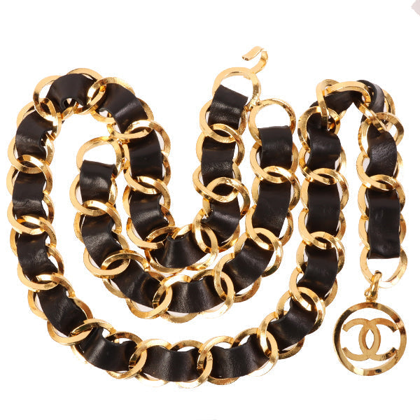 CHANEL 1991 Made Round Cc Mark Cutout Charm Chain Belt Black