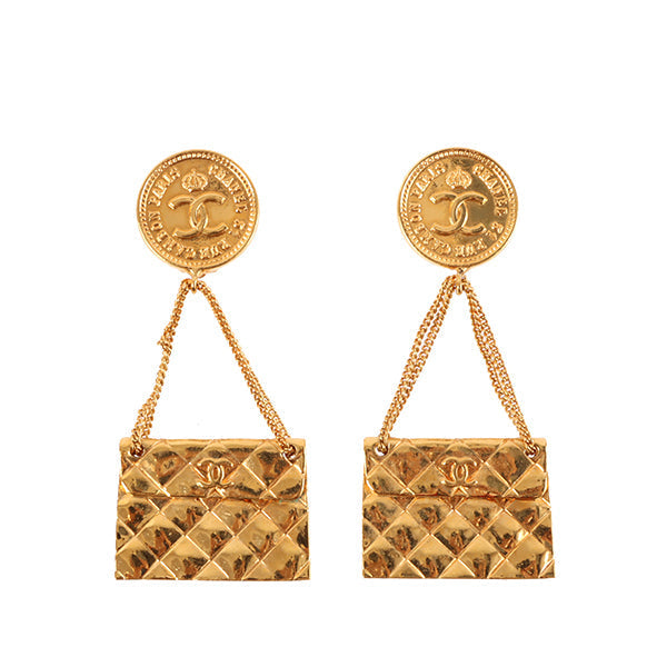 CHANEL 1994 Made Matelasse Stitch Bag Motif Swing Earrings