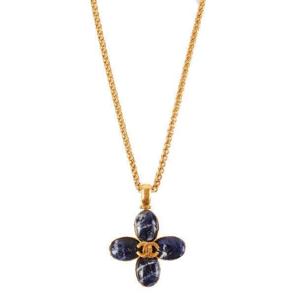 CHANEL Around 1995 Made Marble Stone Cc Mark Flower Motif Necklace Royal Blue