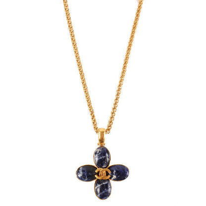 CHANEL Around 1995 Made Marble Stone Cc Mark Flower Motif Necklace Royal Blue